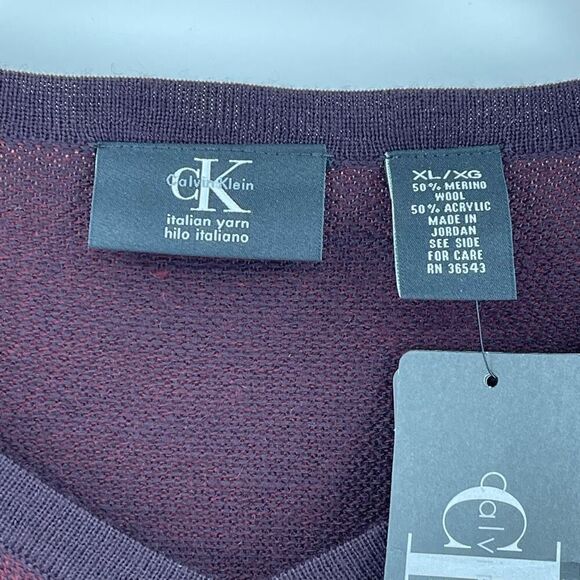 Calvin‎ Klein Italian Yarn Merino Wool Acrylic V-Neck Sweater Maroon Men XL NEW - Picture 3 of 7